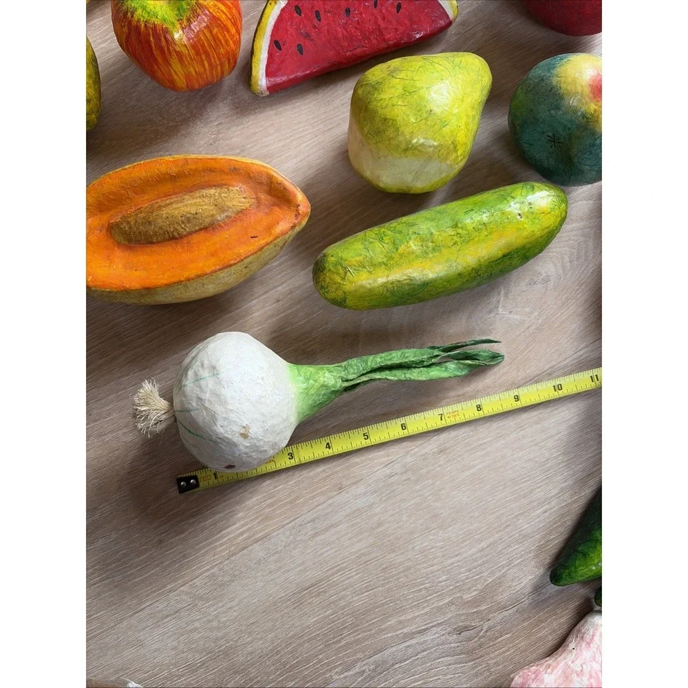 Vintage Paper Mache Fruit And Vegetables Set Of 16 Colorful And Funky‎ + Basket